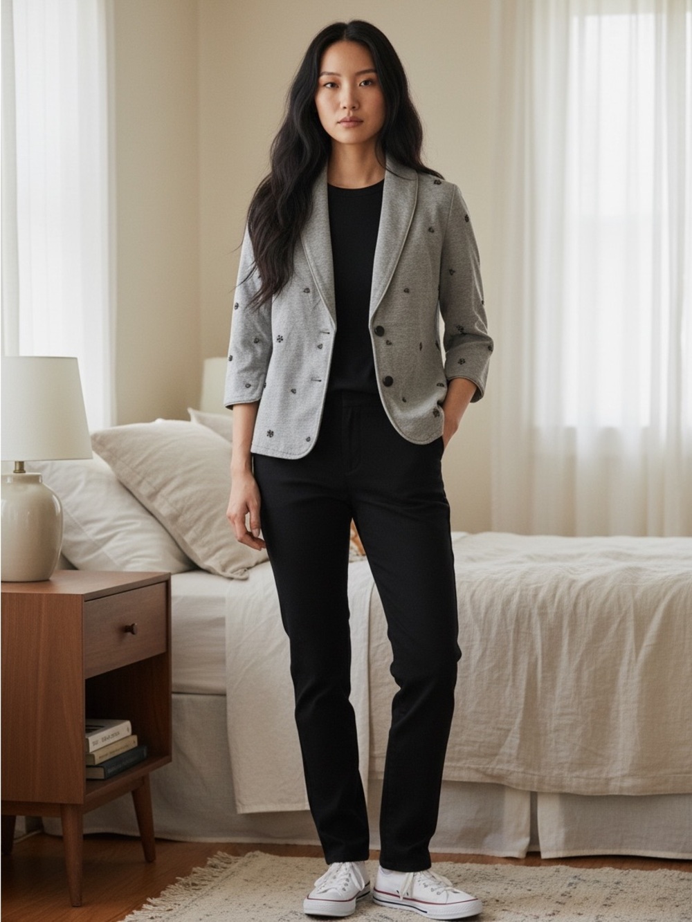 Gray Knit Blazer Jacket with Embellished Embroidery NEW